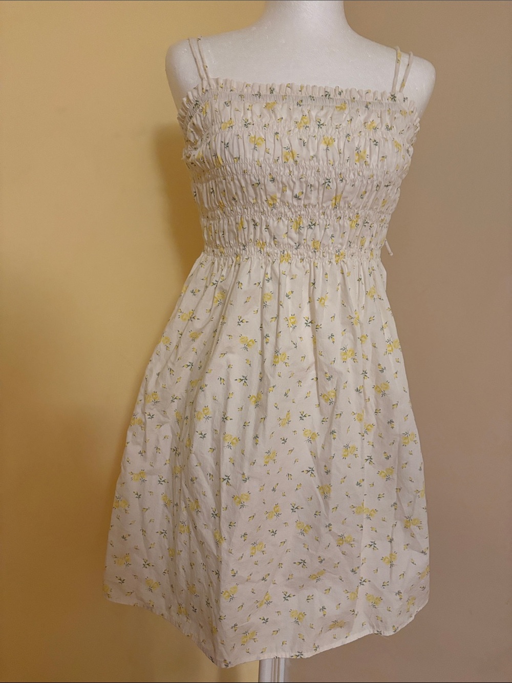 Divided White Mini Sundress with Yellow Floral Print M